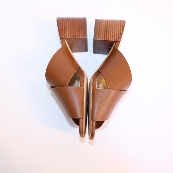 Michael Kors Abbott Tan Leather Cognac Criss Cross Slide Mule Sandal Heel Sz 6 - Picture 11 of 14